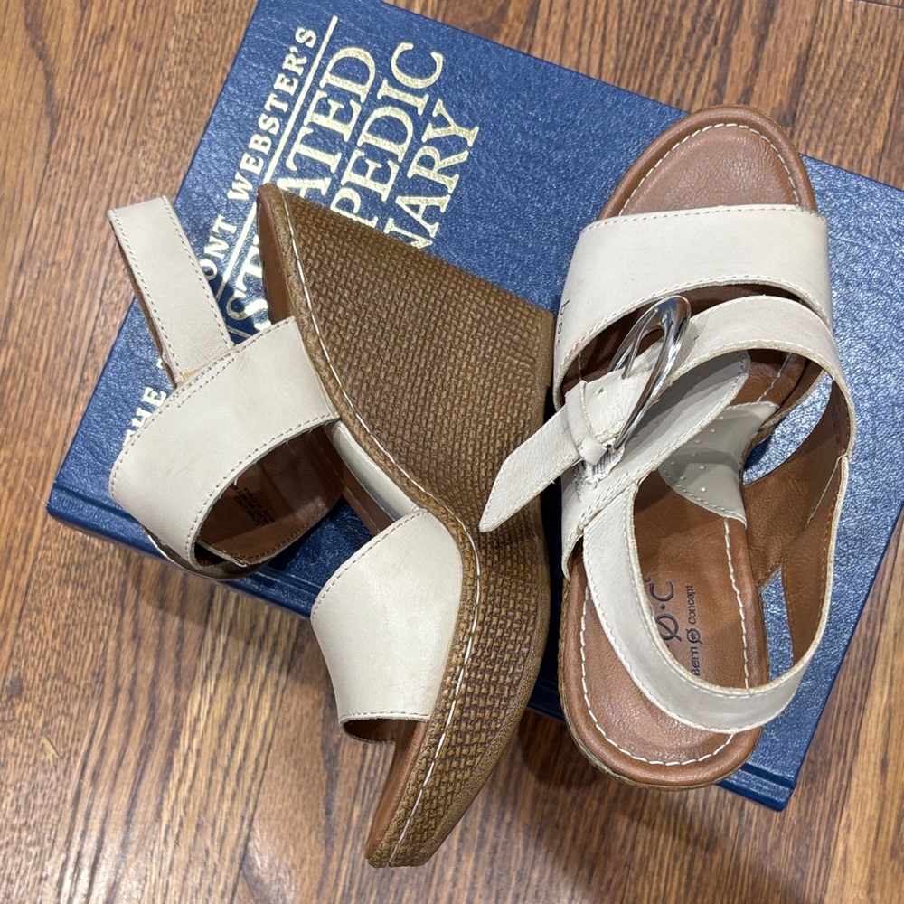 boc Cream Leather Wedge Sandals with Oversized Silver Buckle - Picture 13 of 14